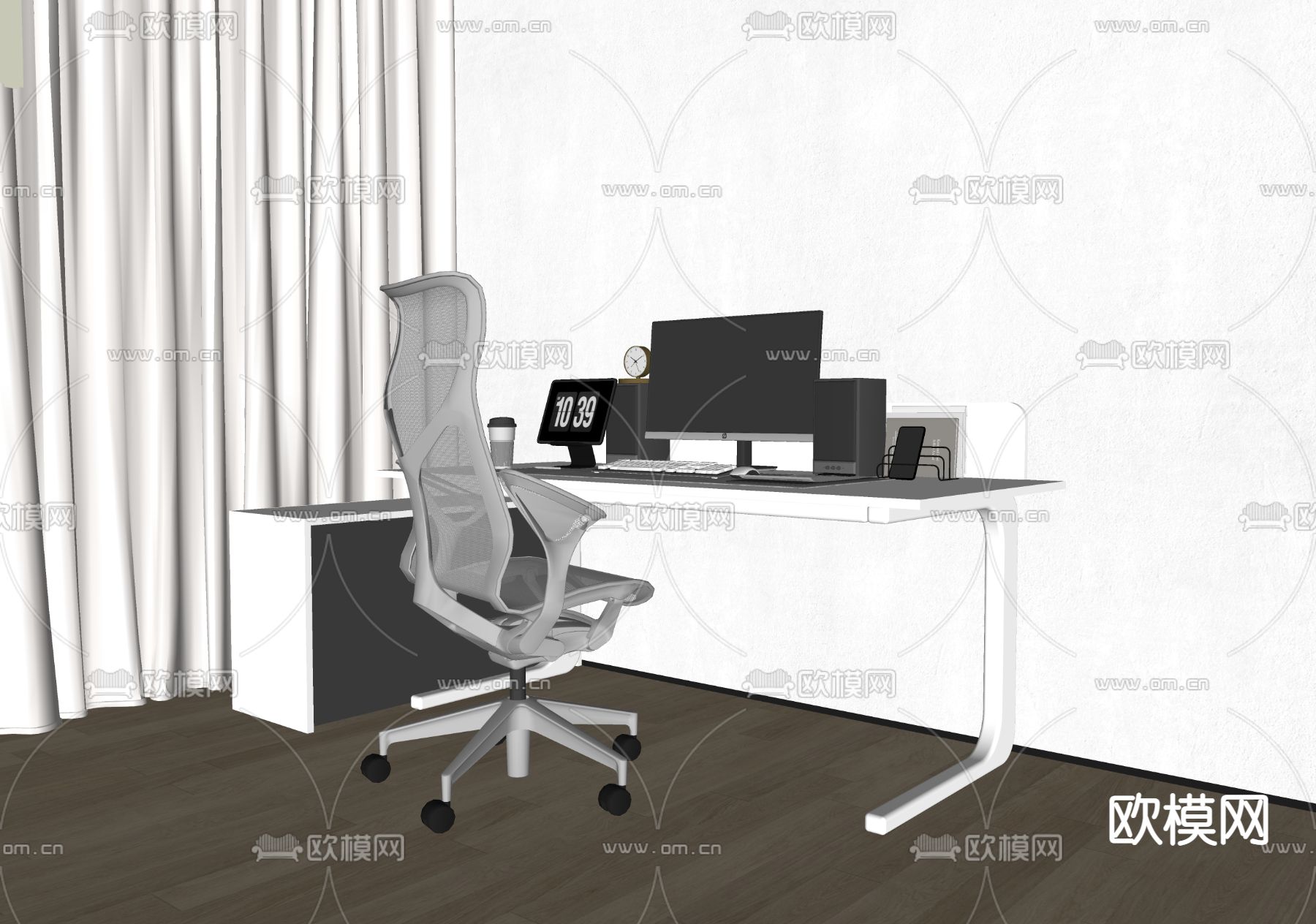 现代书桌椅 写字台su模型下载（渲染图2）