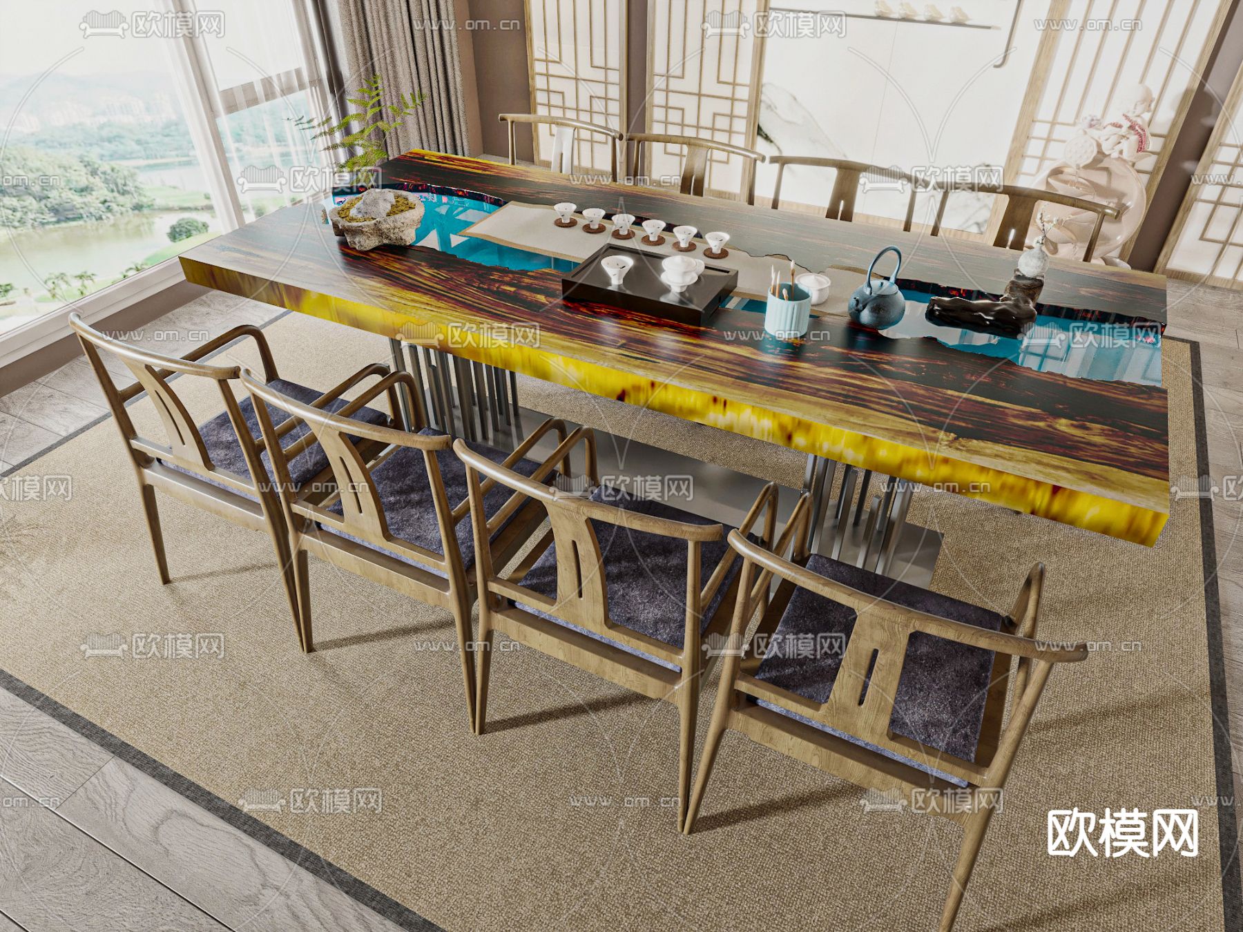 新中式茶桌椅3d模型下载
