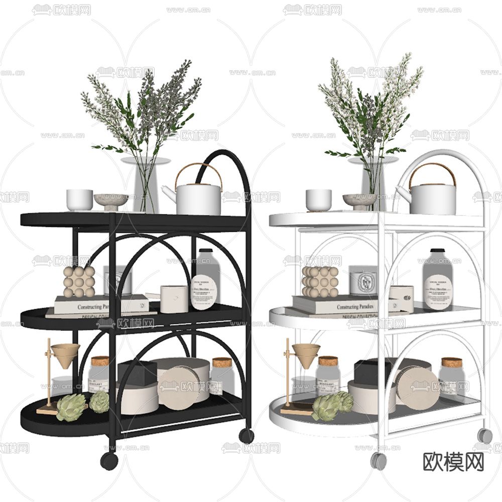 奶油风小推车 边几su模型下载（渲染图2）