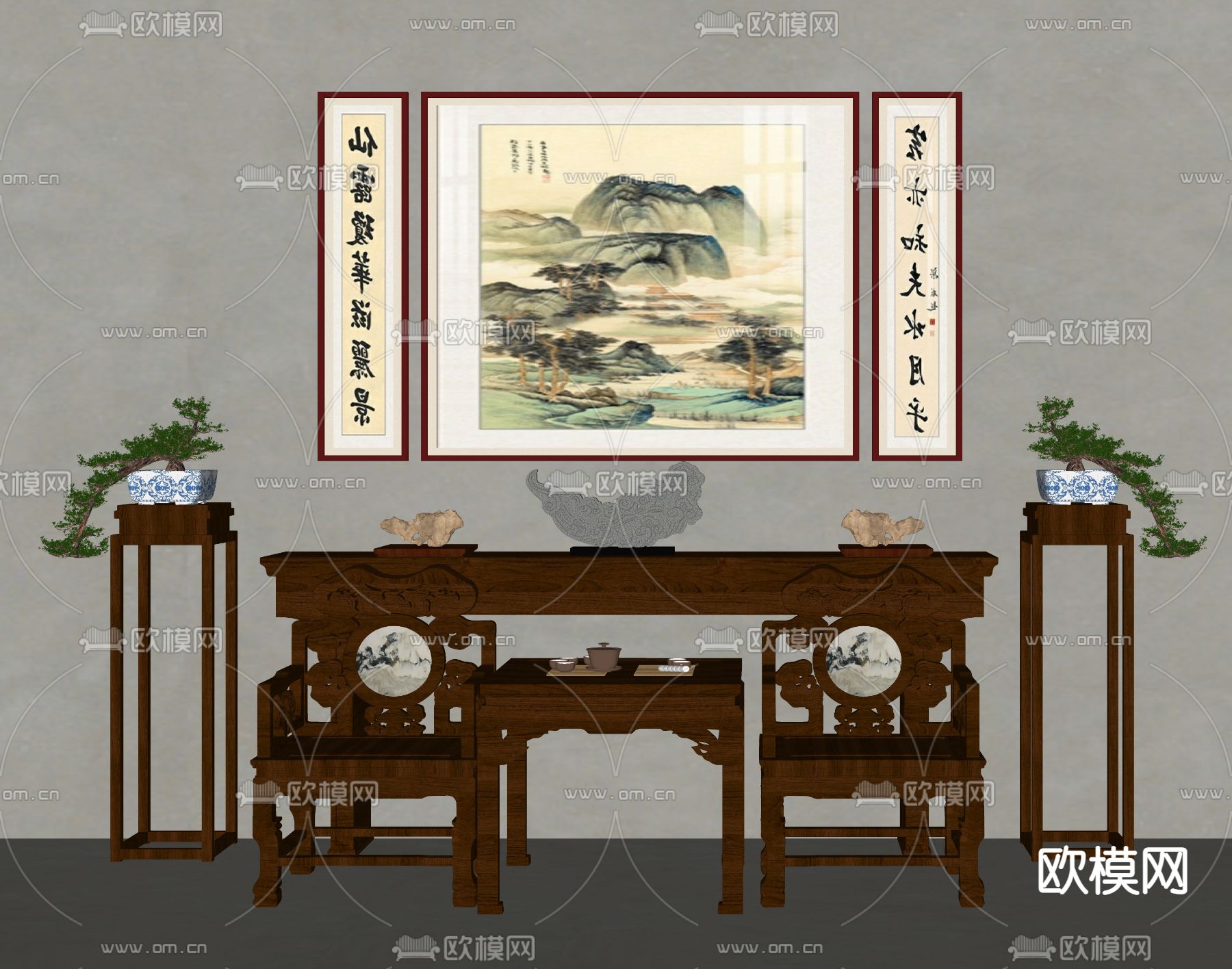 中式茶桌椅su模型下载（渲染图2）