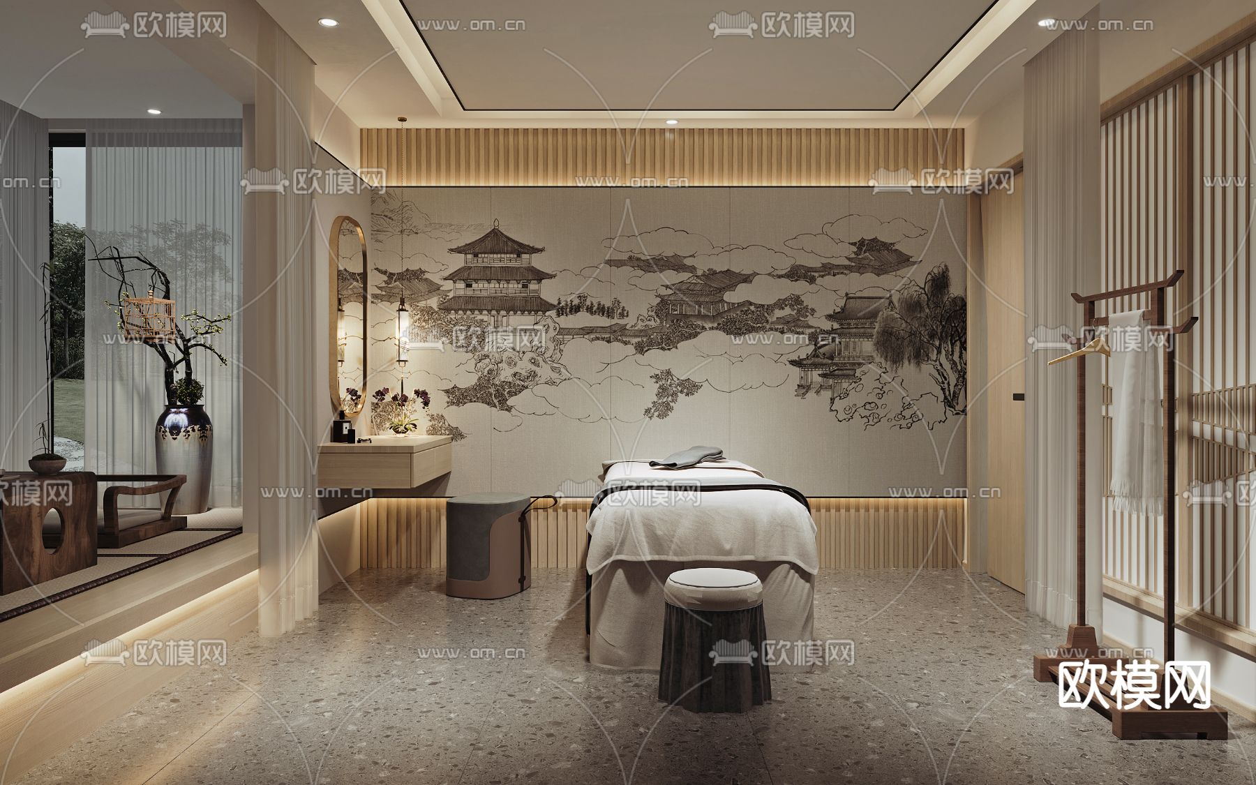 新中式美容院 SPA护理房su模型下载（渲染图1）