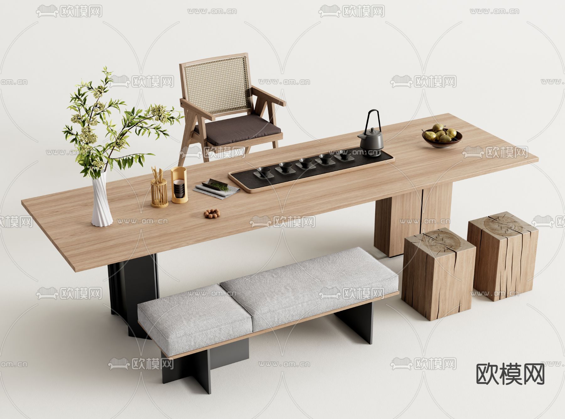 实木茶桌椅su模型下载（渲染图1）