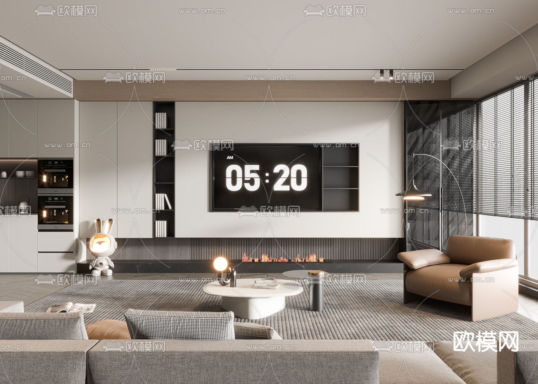 奶油风客厅 电视背景墙su模型下载（渲染图1）