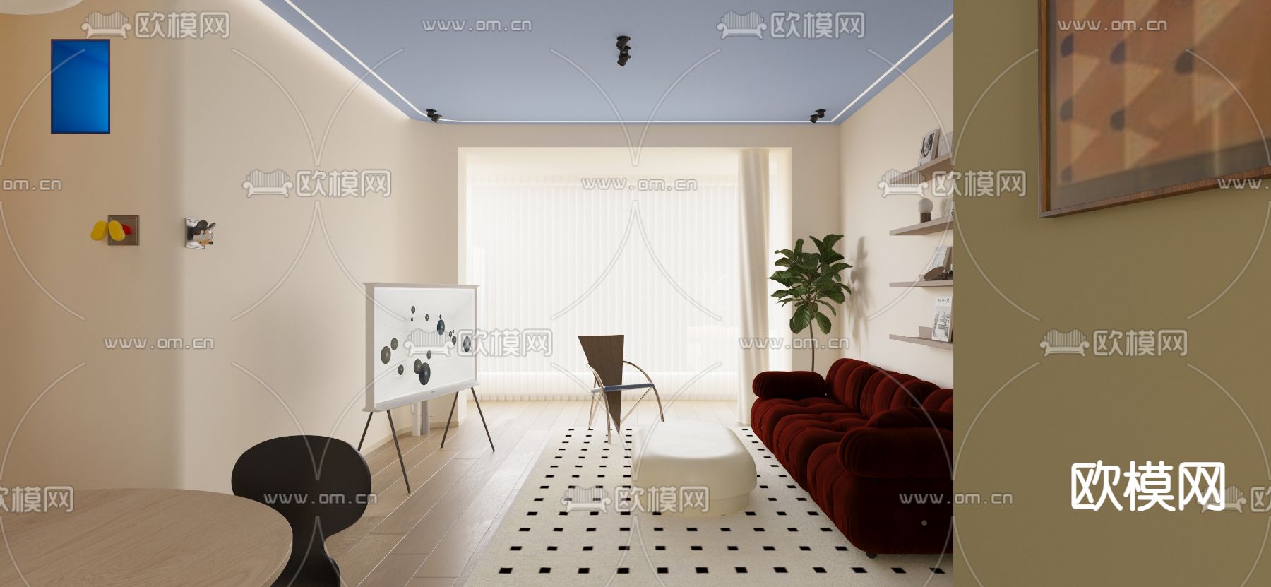 奶油风客餐厅3d模型下载（渲染图6）