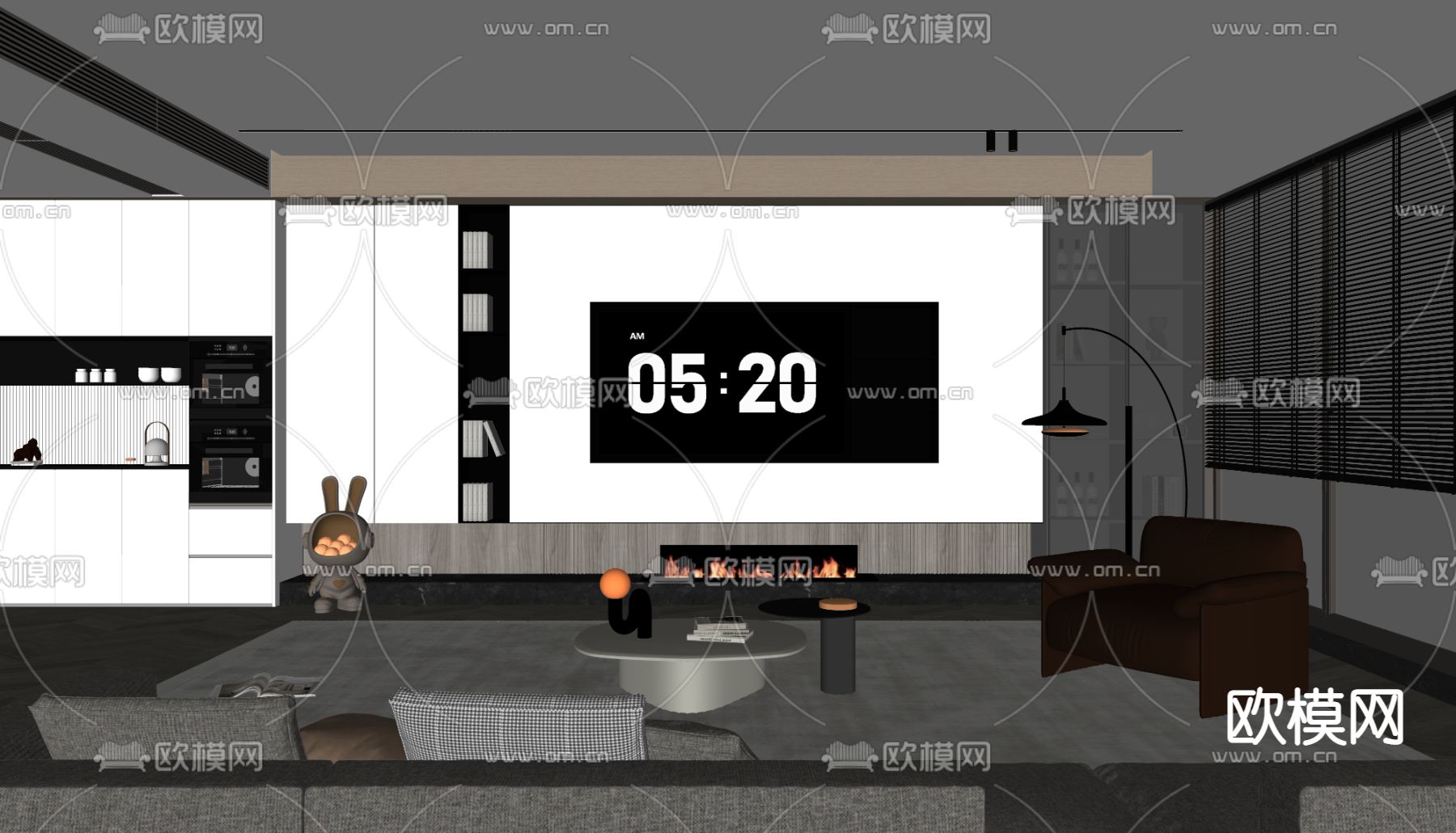 奶油风客厅 电视背景墙su模型下载（渲染图2）