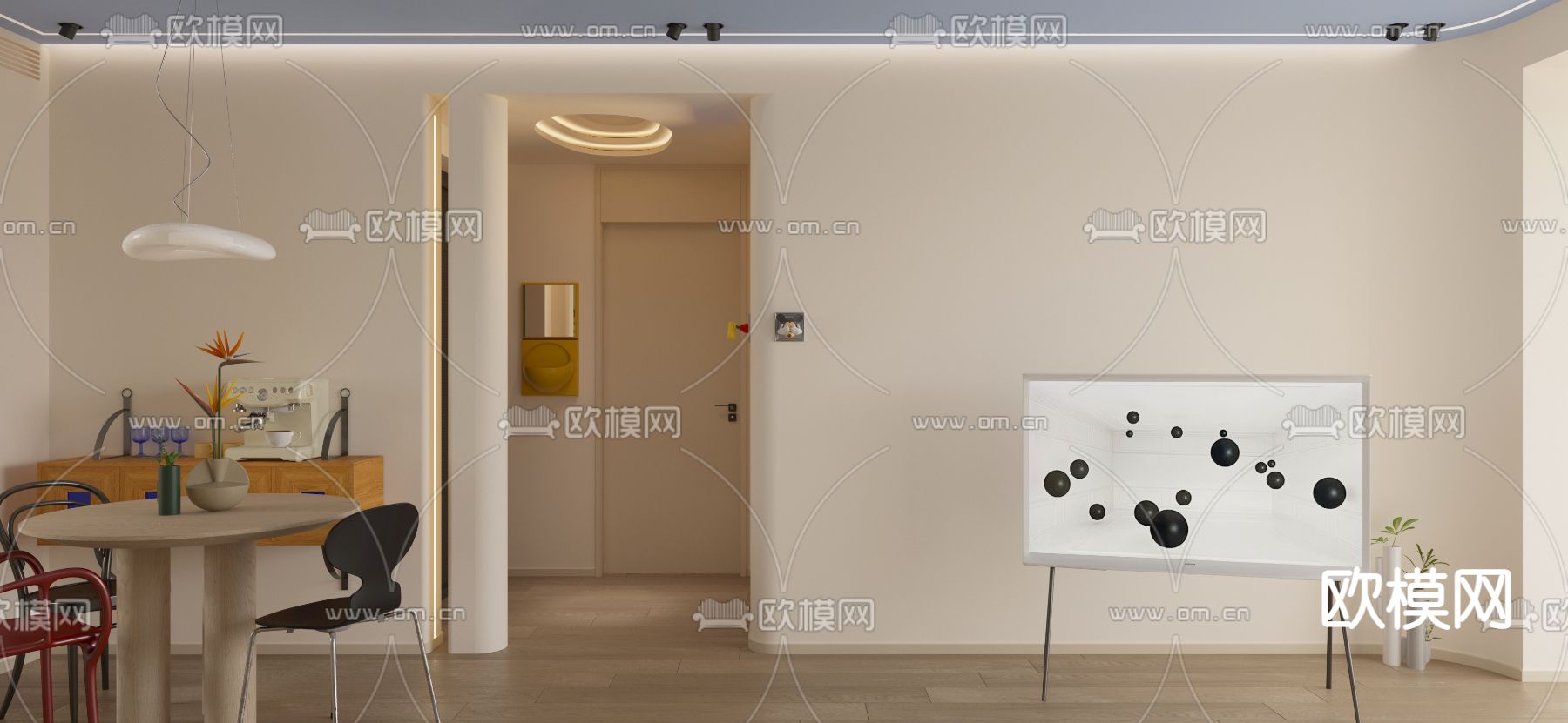 奶油风客餐厅3d模型下载（渲染图5）
