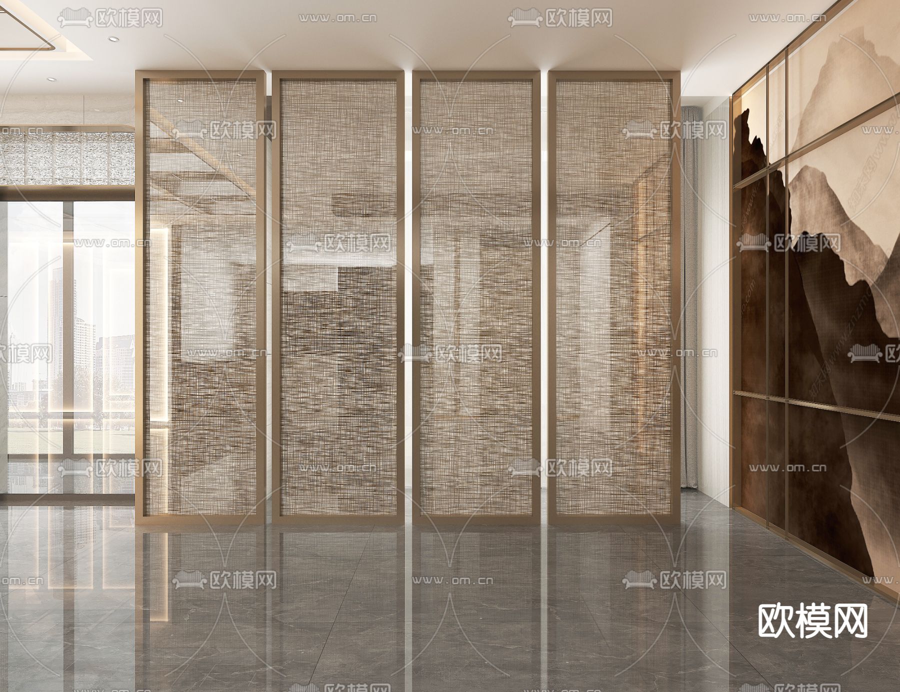 现代隔断夹丝 玻璃屏风3d模型下载