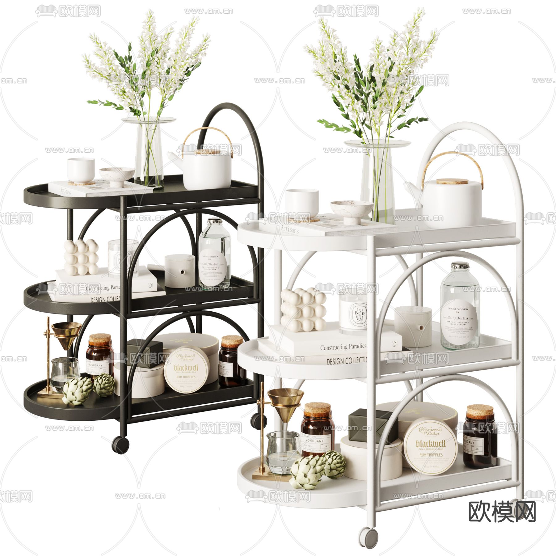 奶油风小推车 边几su模型下载（渲染图1）