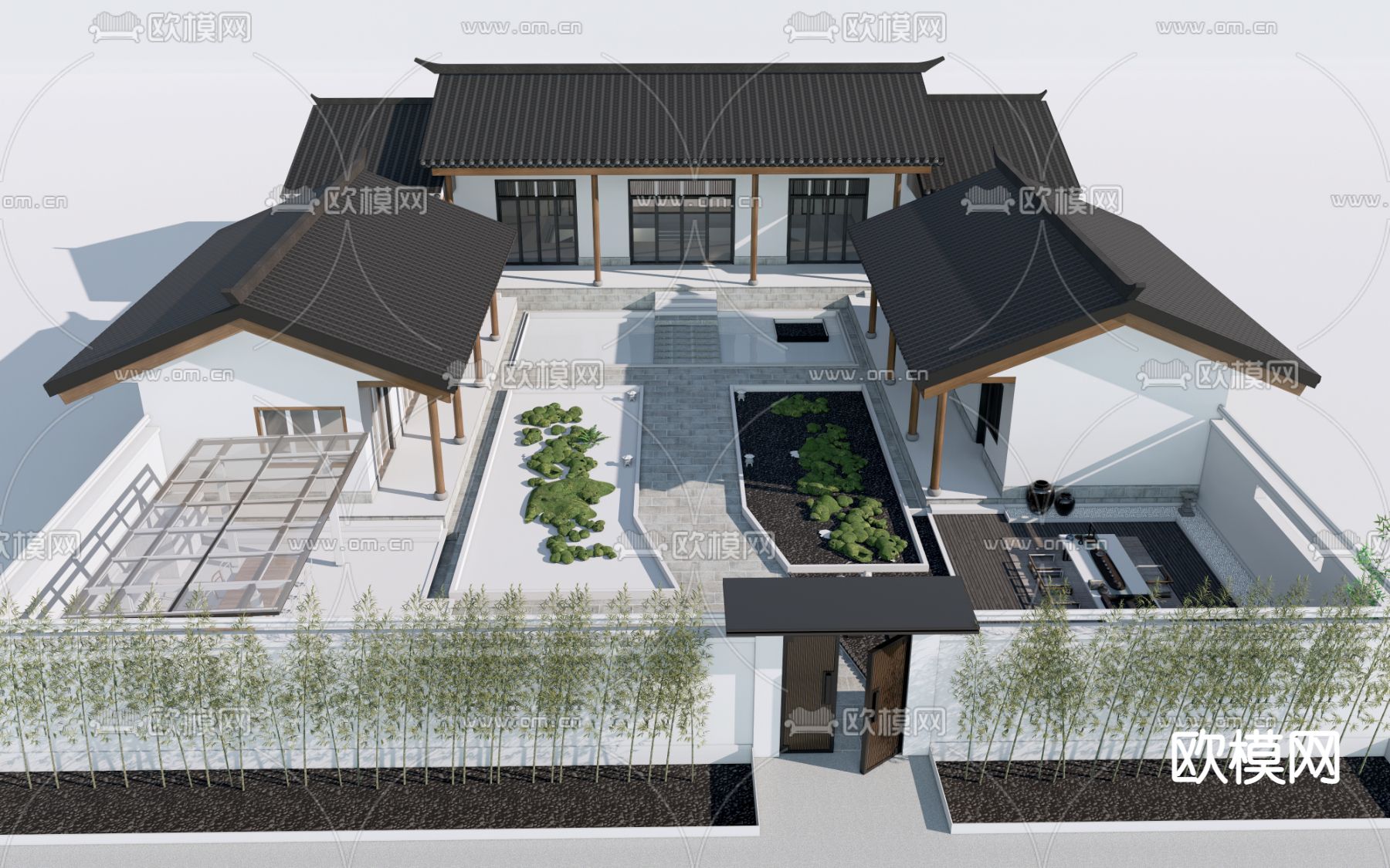 新中式仿古四合院 庭院景观su模型下载_ID12310280_sketchup模型下载-欧模网