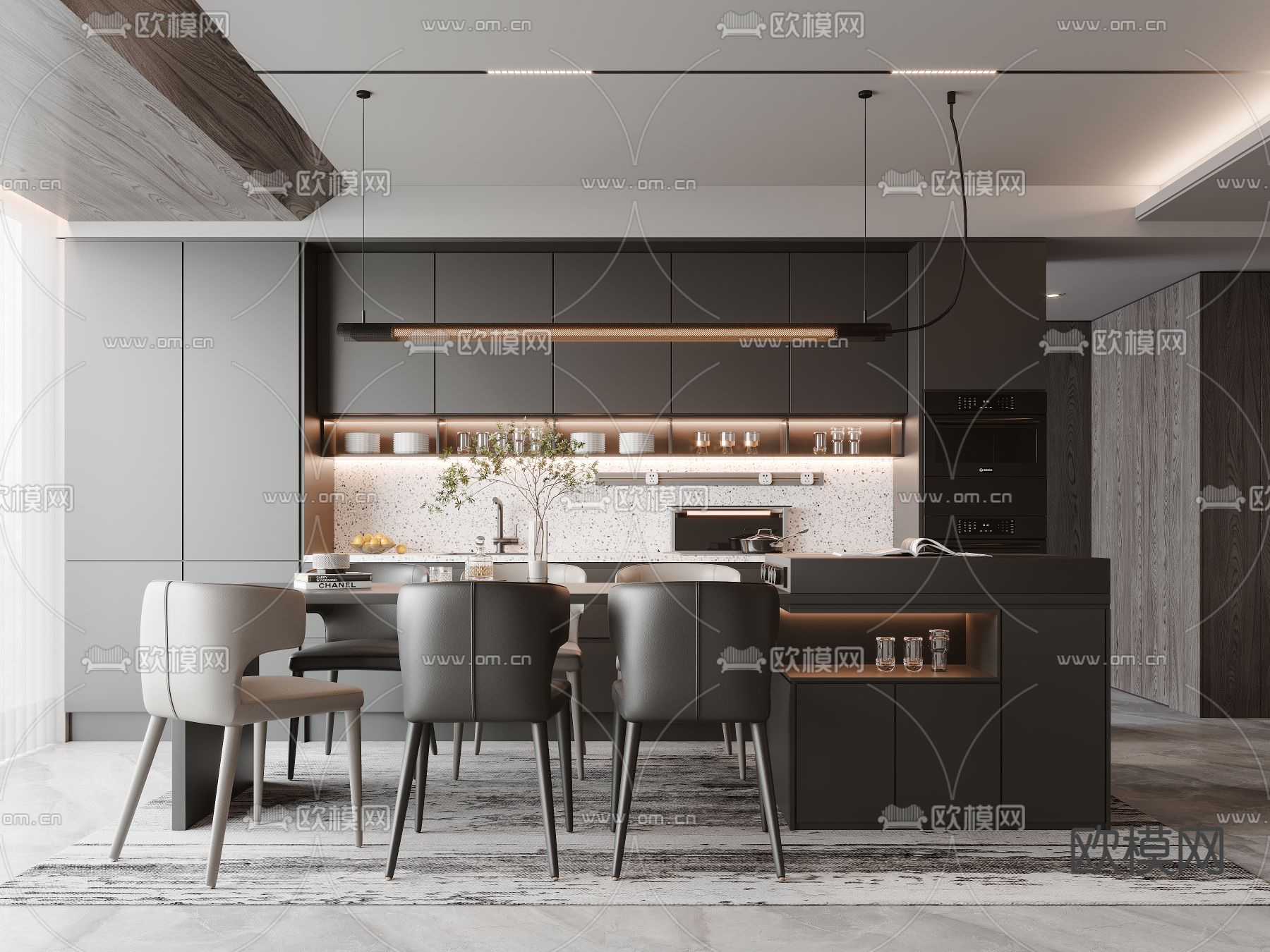 高级灰餐厅su模型下载（渲染图1）