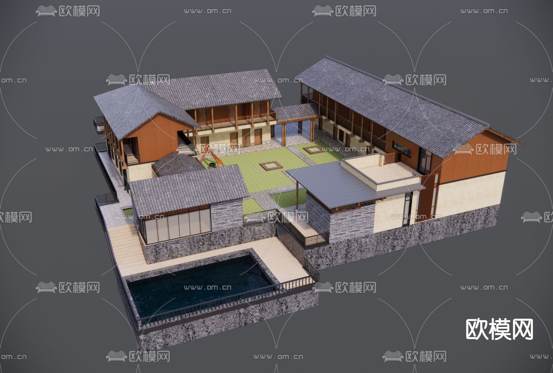 中式酒店民宿外观su模型下载（渲染图1）