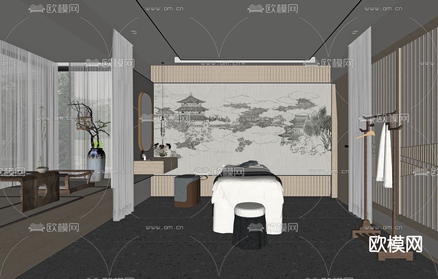 新中式美容院 SPA护理房su模型下载（渲染图2）