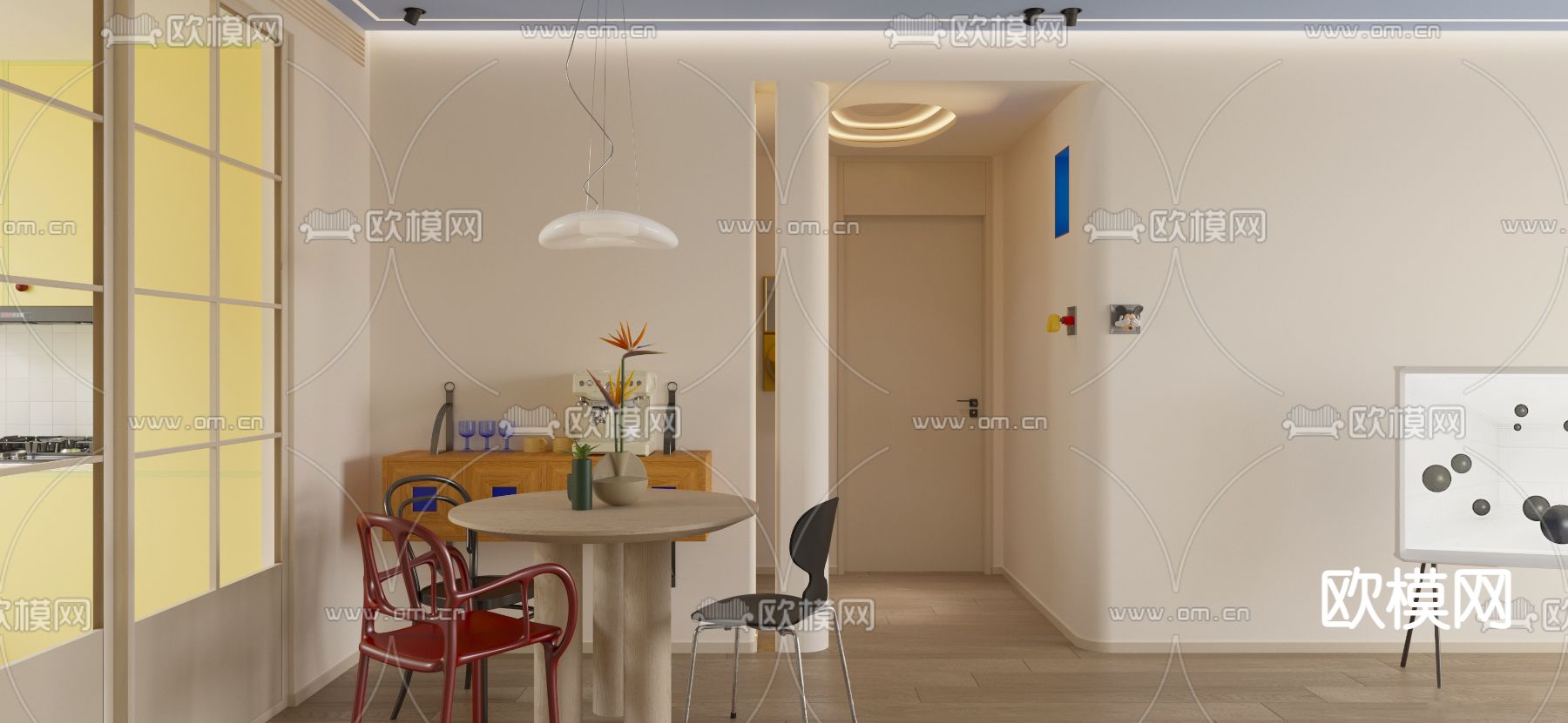 奶油风客餐厅3d模型下载（渲染图4）