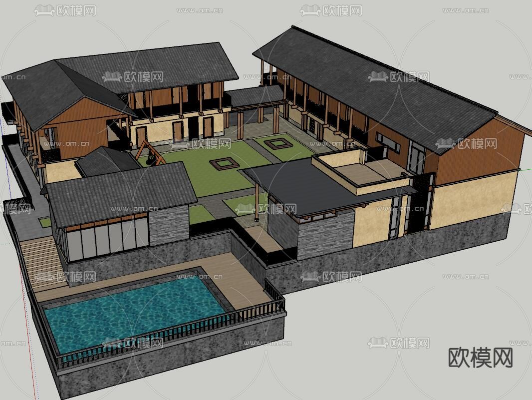 中式酒店民宿外观su模型下载（渲染图2）