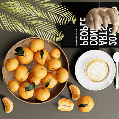  橘子果盘 拉花咖啡su模型 