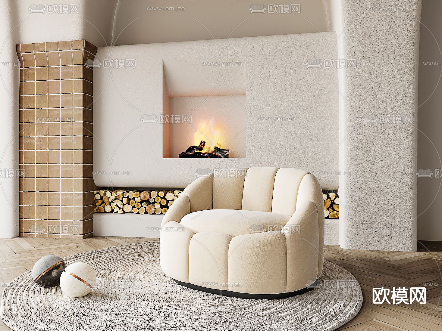 奶油风单人沙发3d模型下载