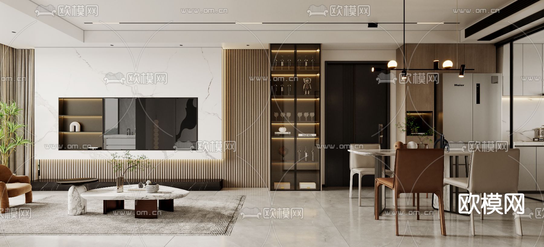 现代客厅餐厅3d模型