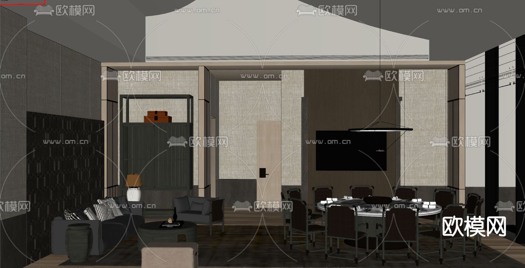 新中式餐厅包房 包厢su模型下载（渲染图2）