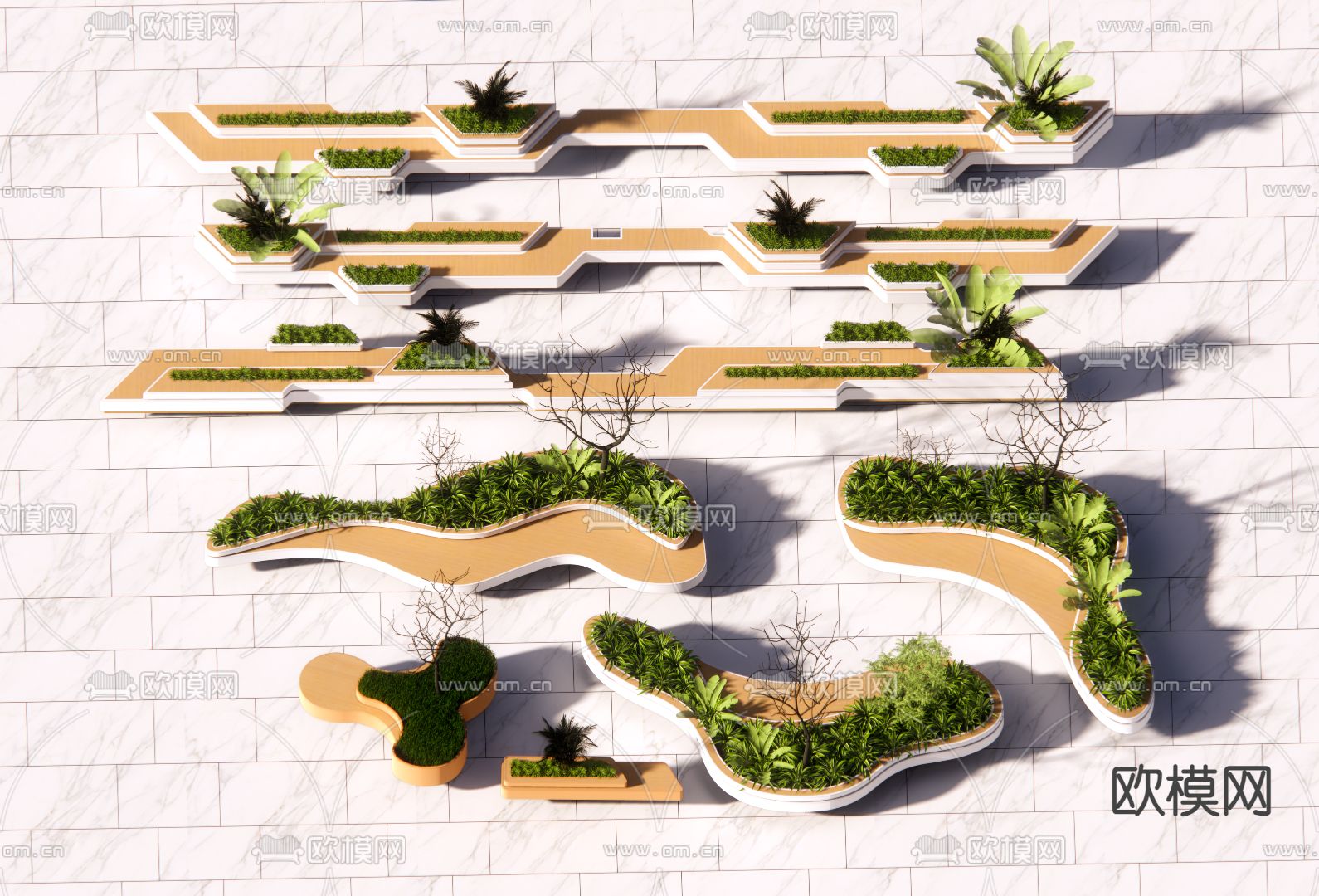 现代户外椅 异性树池su模型下载（渲染图1）