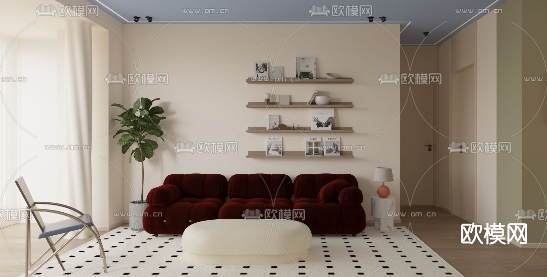 奶油风客餐厅3d模型下载（渲染图1）