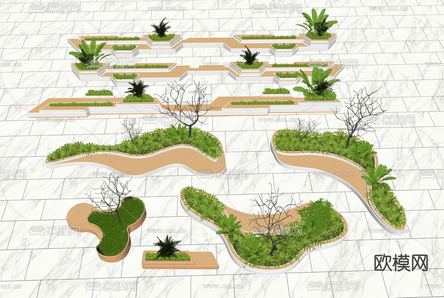 现代户外椅 异性树池su模型下载（渲染图2）