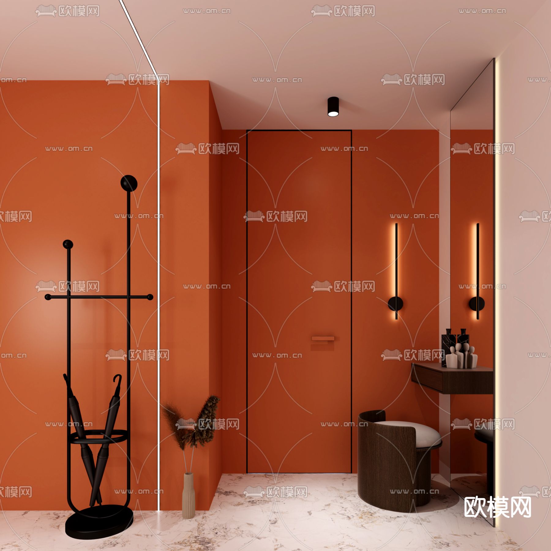 橙色房门 单开门 平开门3d模型下载（渲染图1）