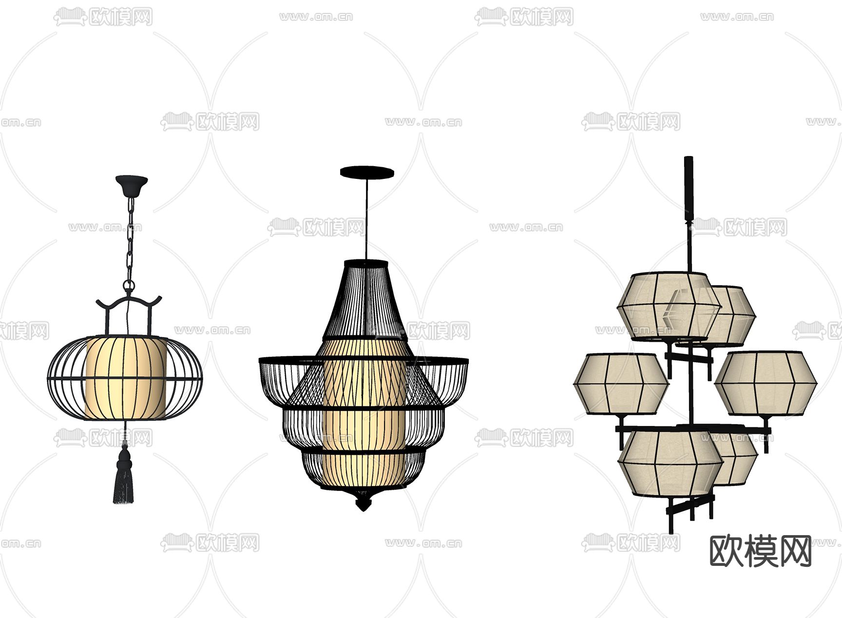 新中式灯笼吊灯su模型下载（渲染图2）