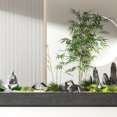  新中式假山竹子小品su模型 