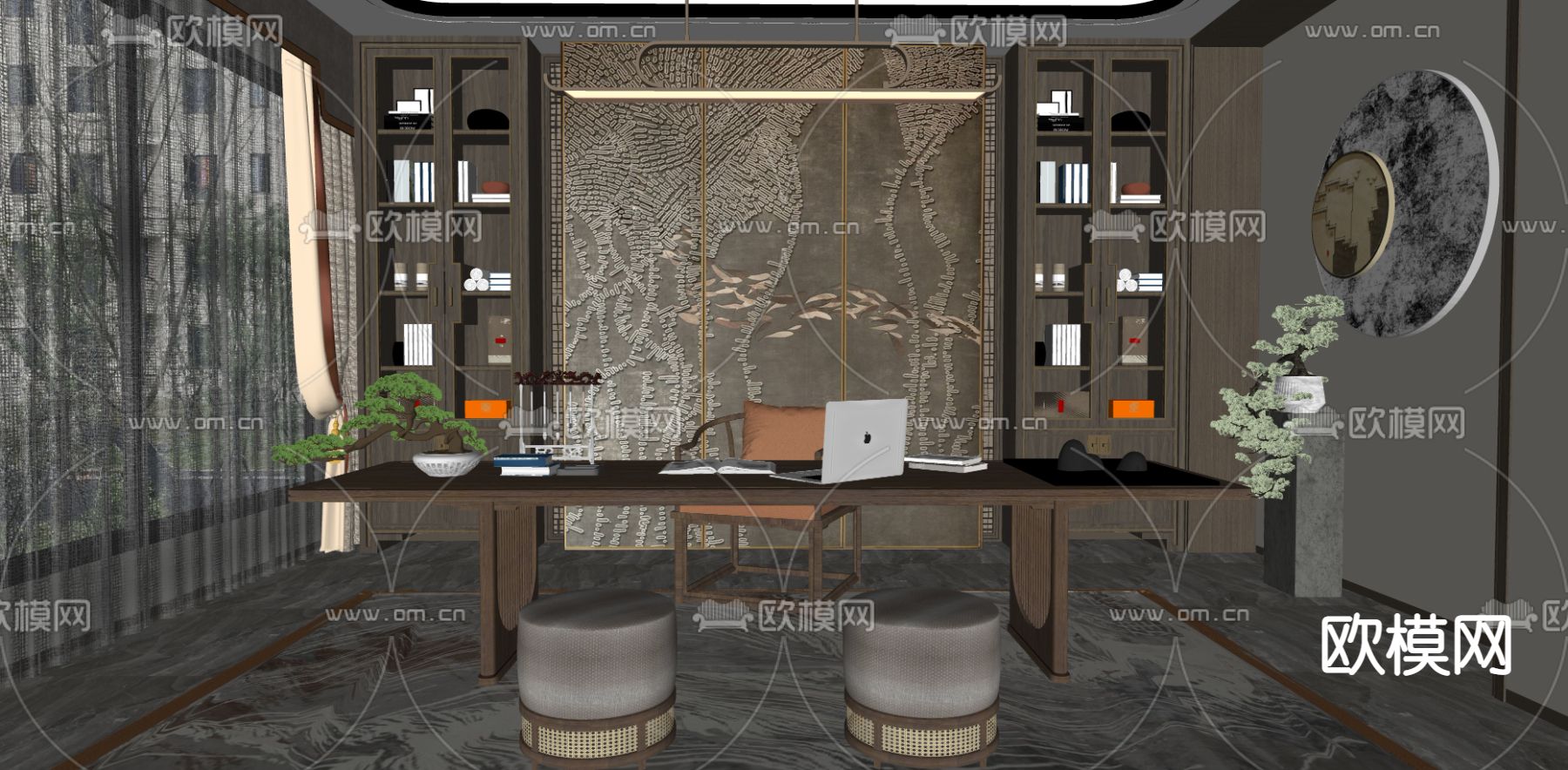 新中式书房su模型下载（渲染图2）