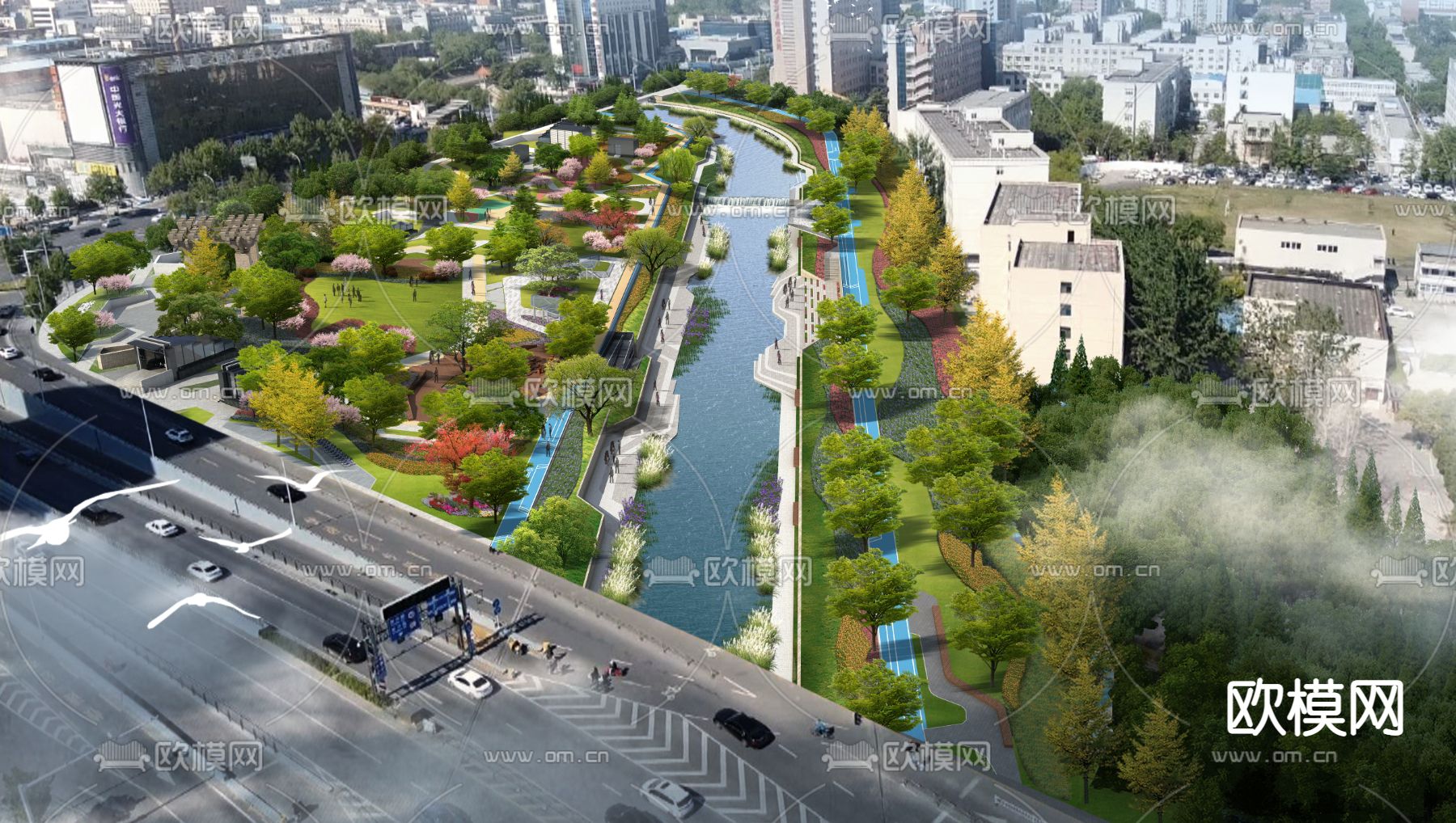 现代湿地园林鸟瞰psd下载