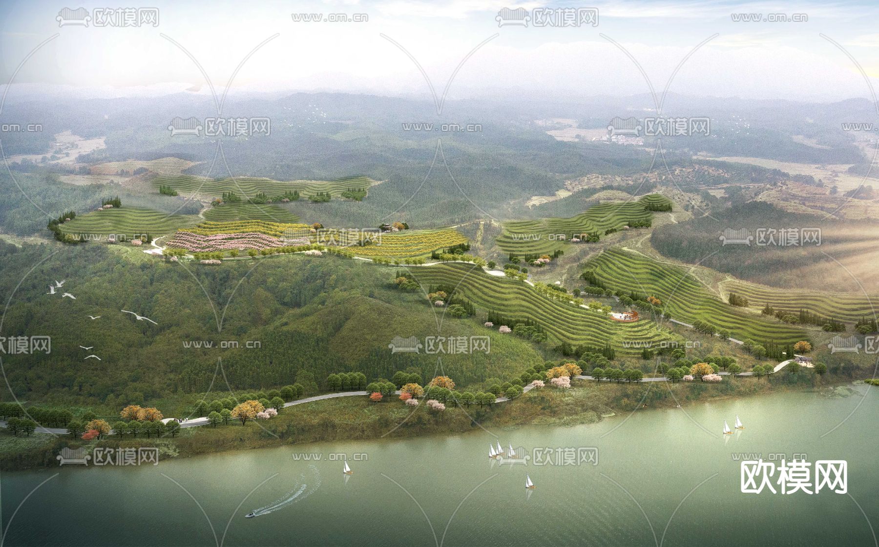 现代湿地园林鸟瞰psd下载