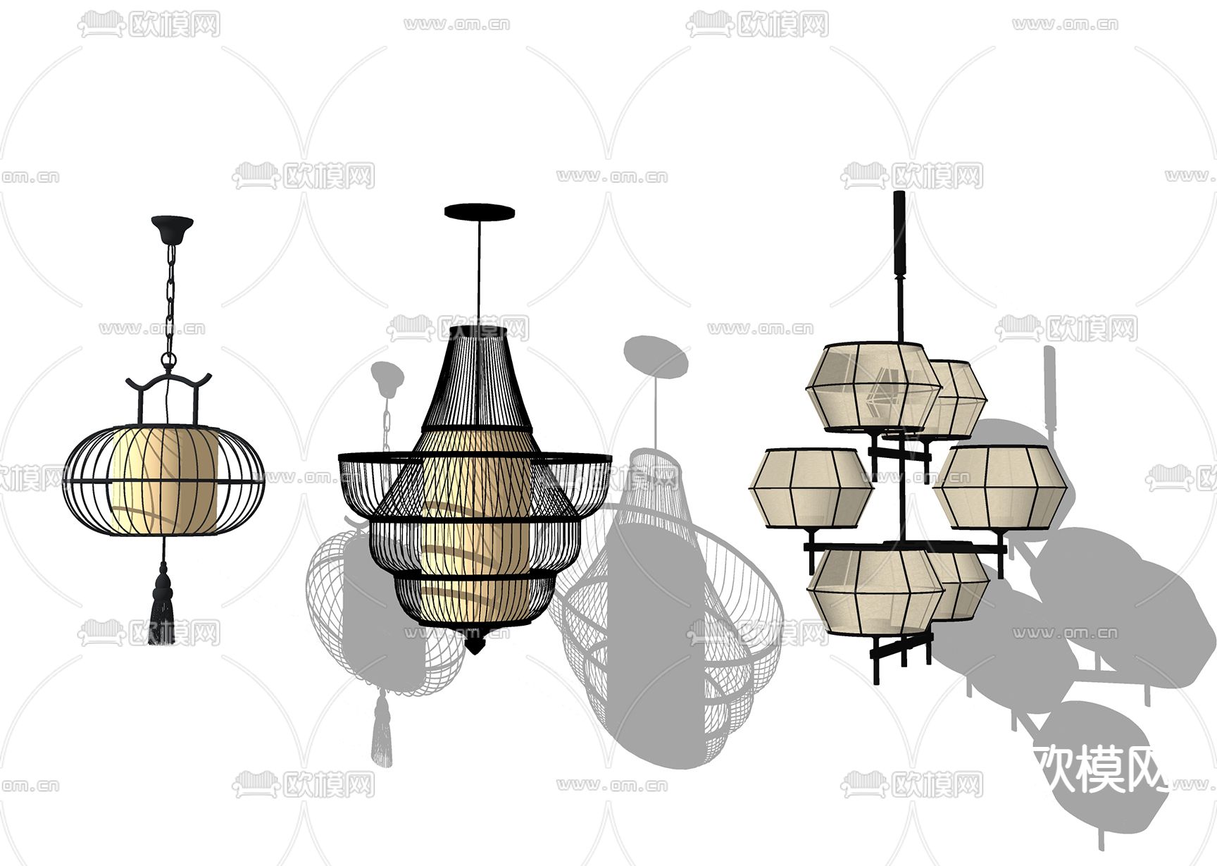 新中式灯笼吊灯su模型下载（渲染图1）