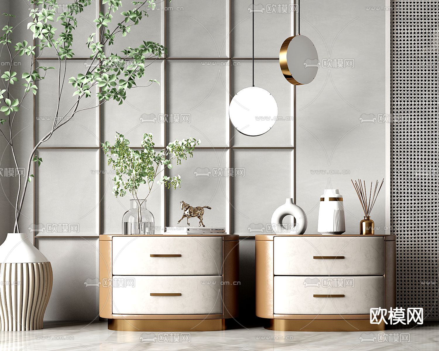 轻奢床头柜su模型下载（渲染图1）