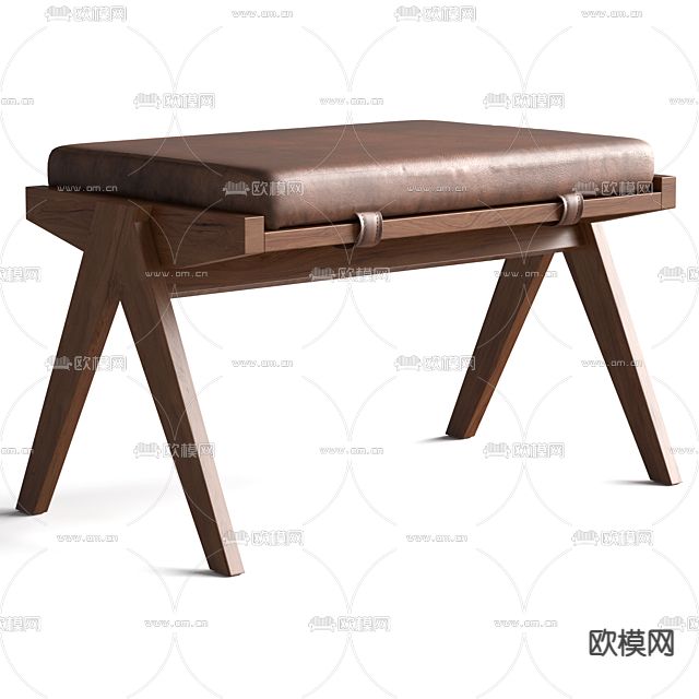 新中式简约实木皮革沙发凳免费3d模型下载