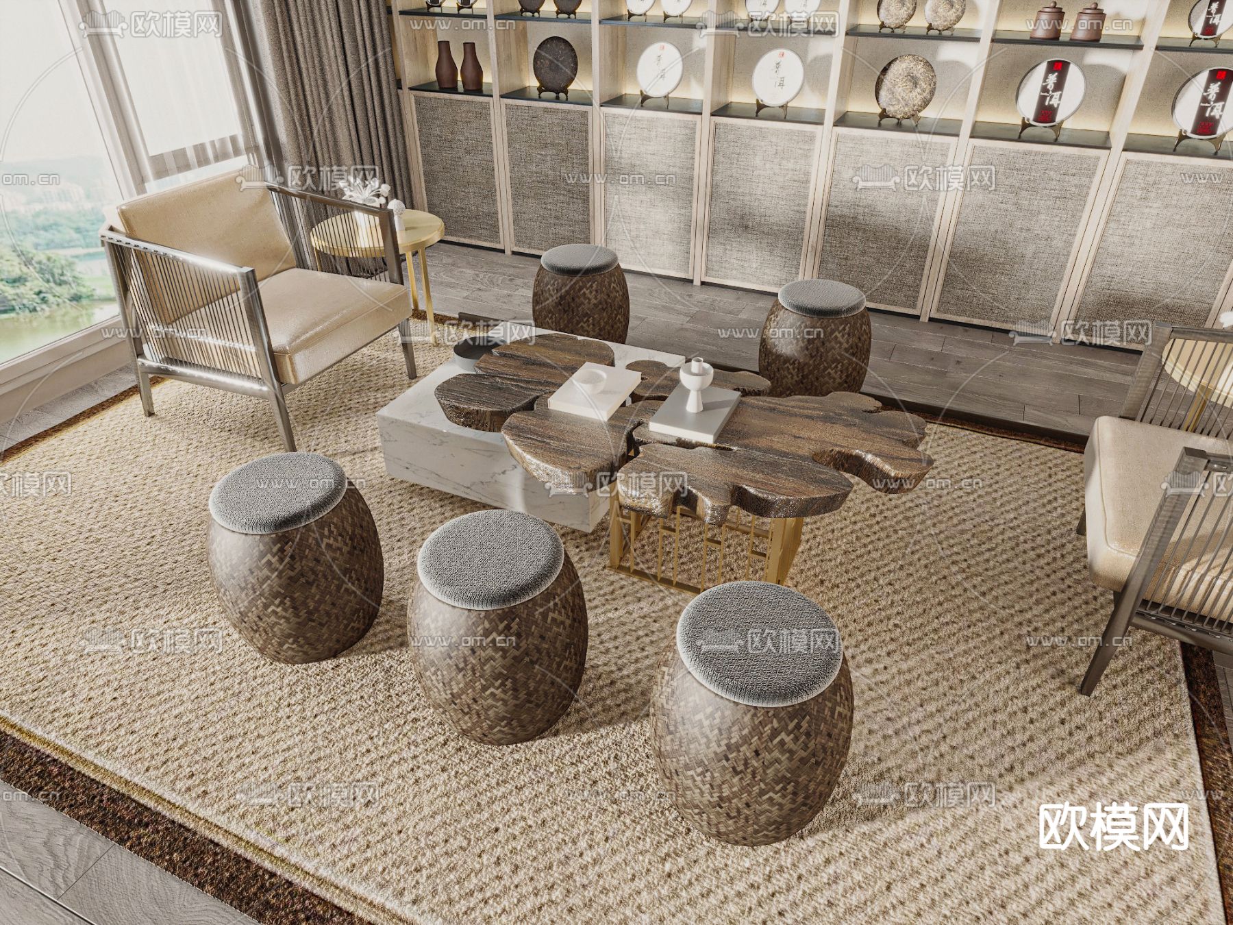 新中式茶桌椅3d模型下载