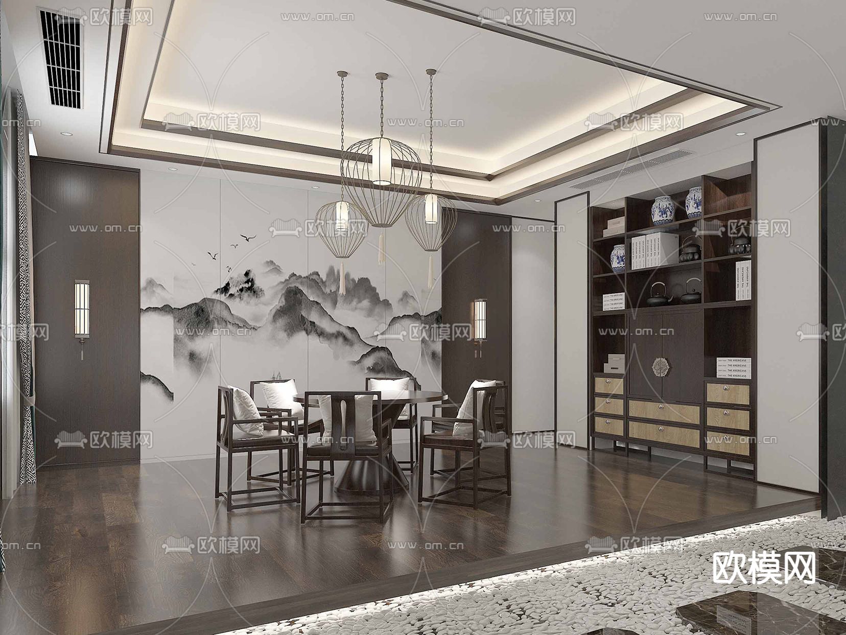 新中式棋牌室 娱乐室su模型下载（渲染图1）