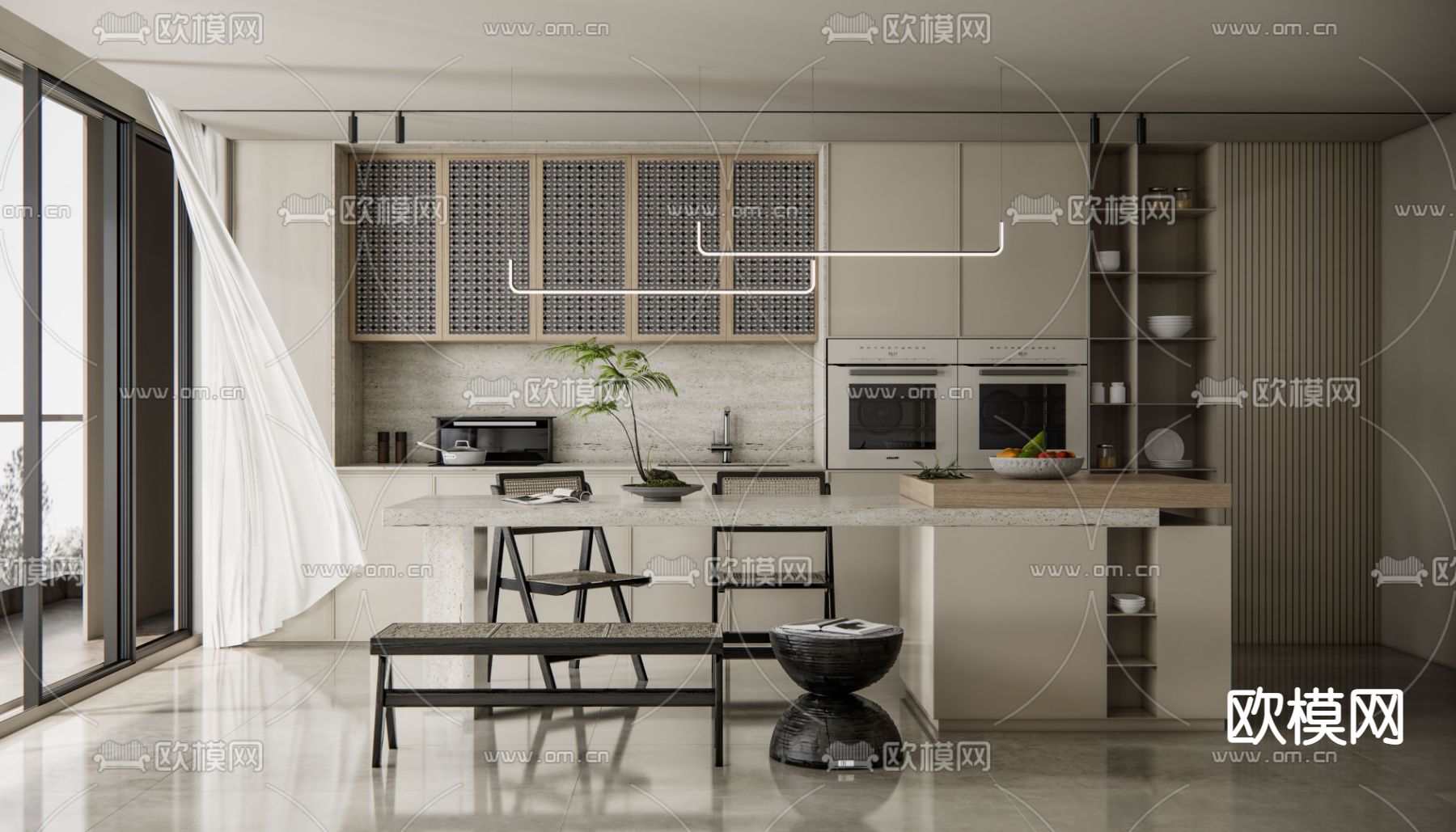 现代中岛餐厅su模型