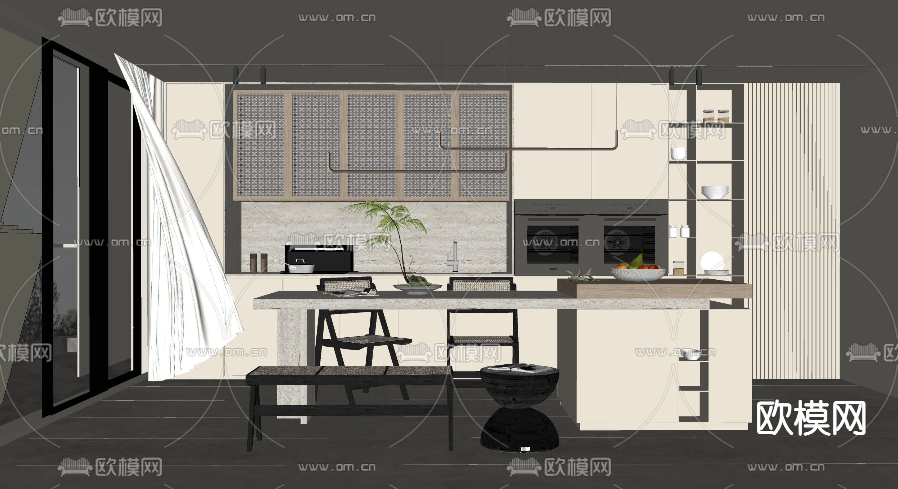 现代中岛餐厅su模型