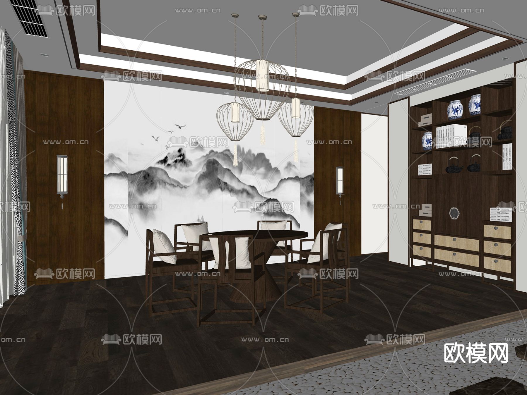 新中式棋牌室 娱乐室su模型下载（渲染图2）