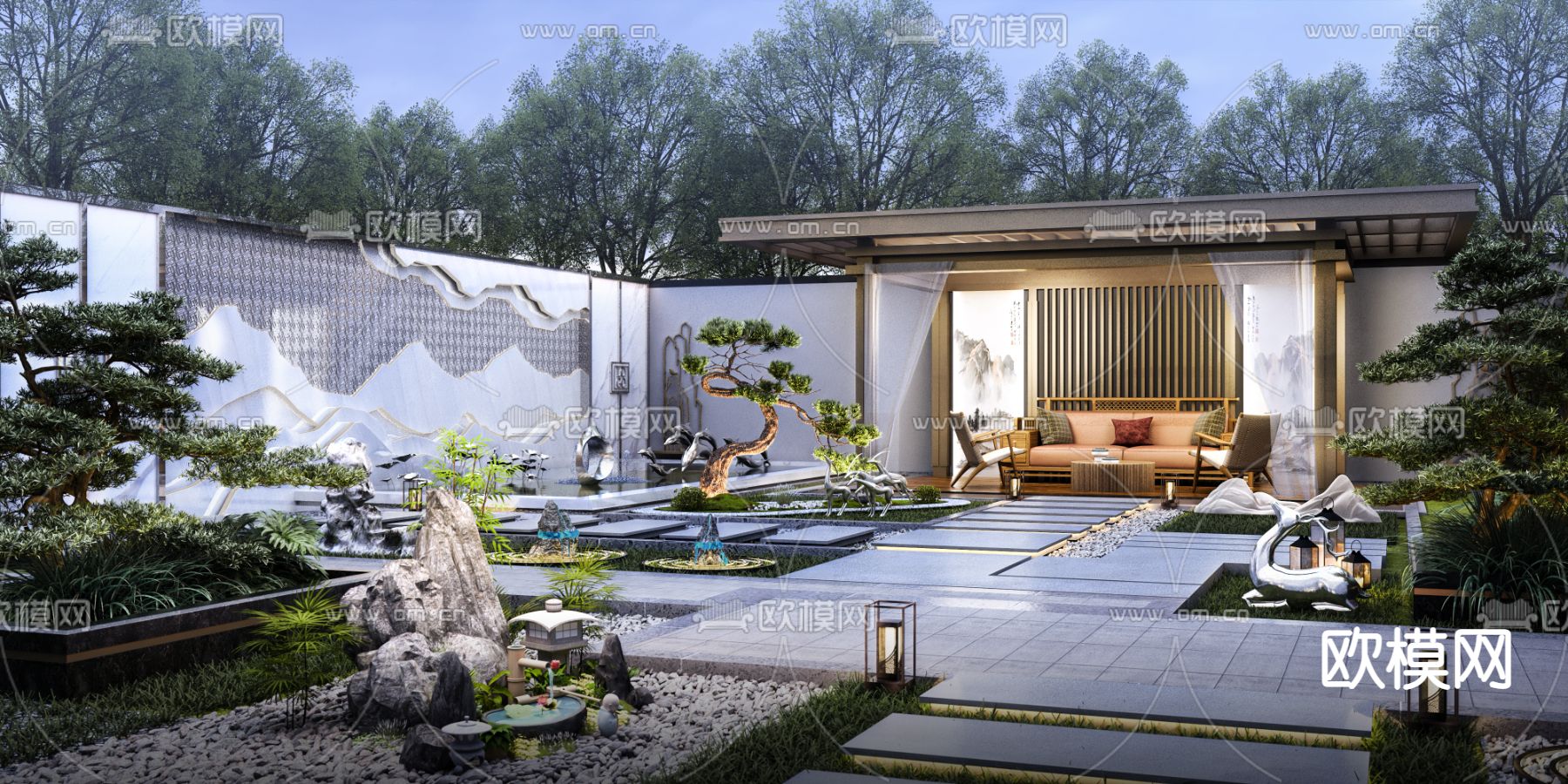 新中式阳台花园 庭院景观3d模型下载_ID12310207_3dmax免费模型-欧模网