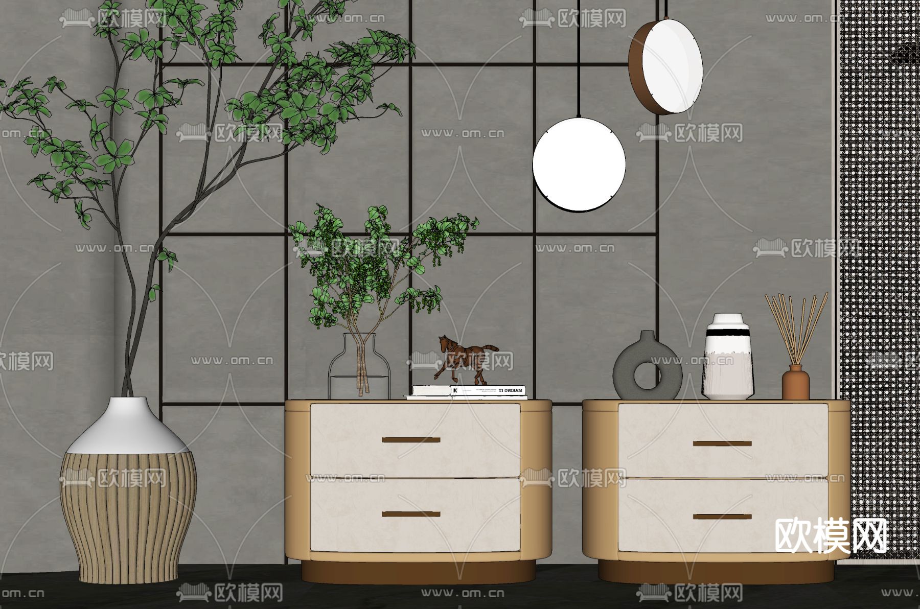 轻奢床头柜su模型下载（渲染图2）