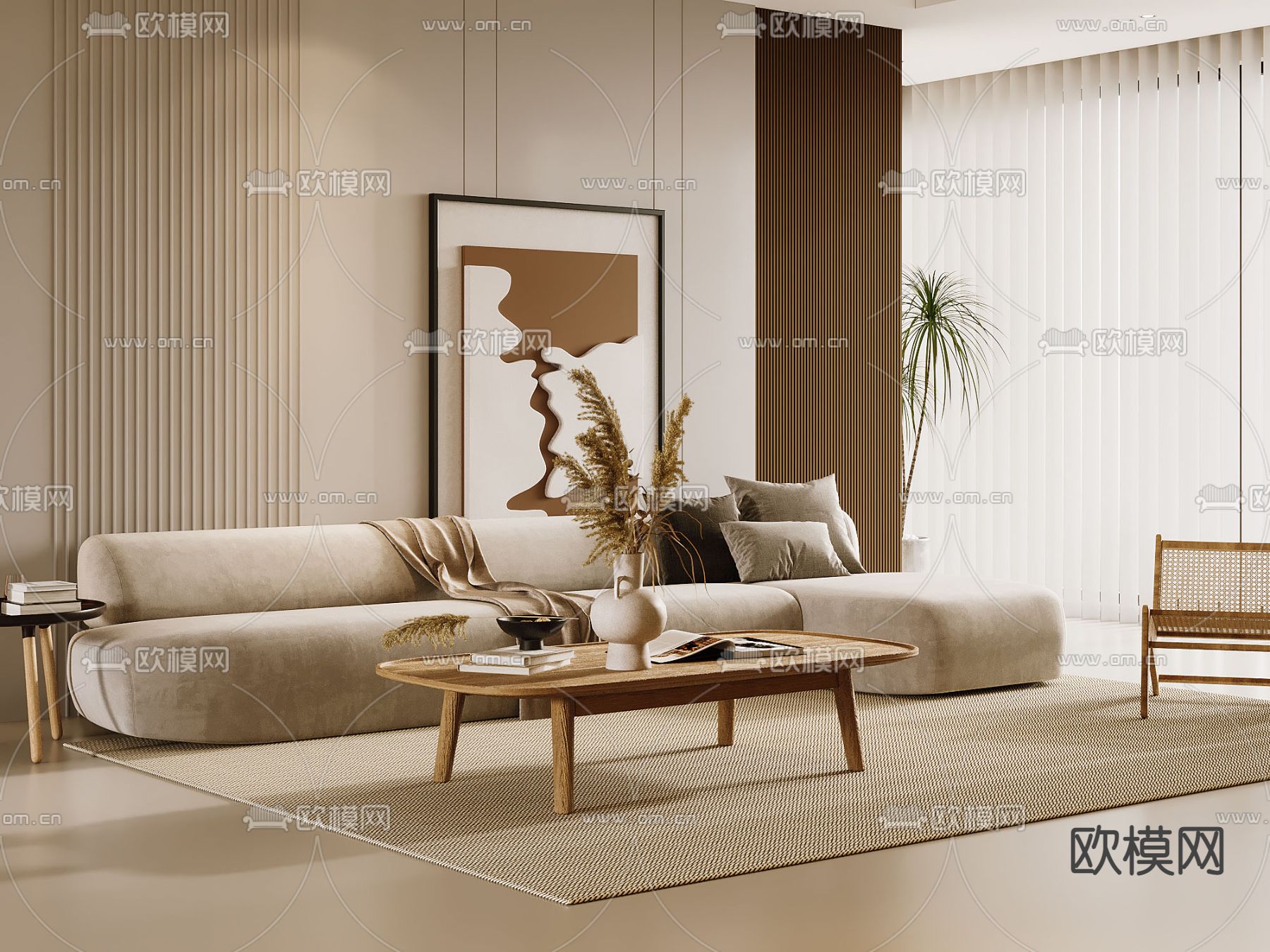 奶油风转角沙发 茶几3d模型下载