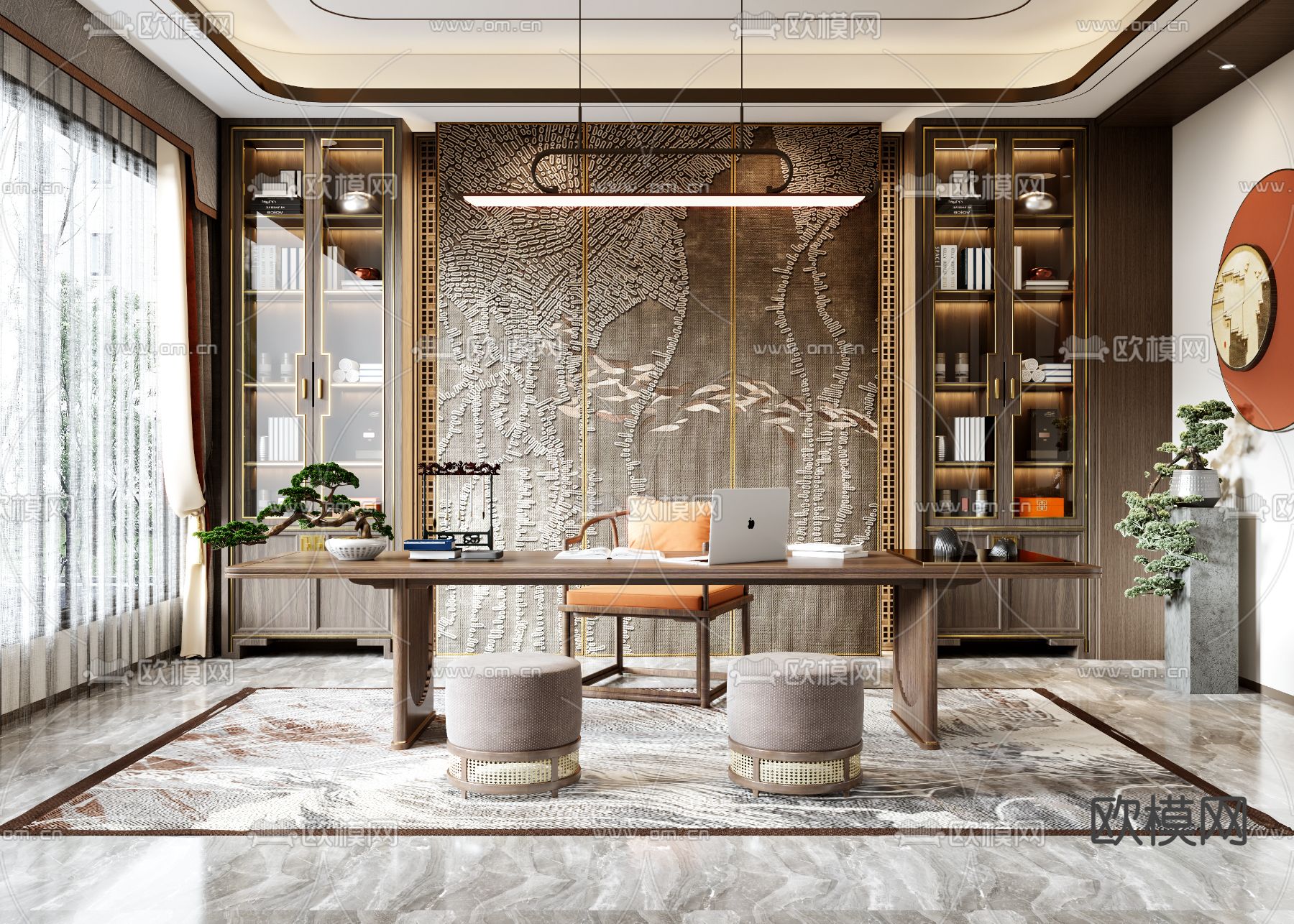 新中式书房su模型下载（渲染图1）