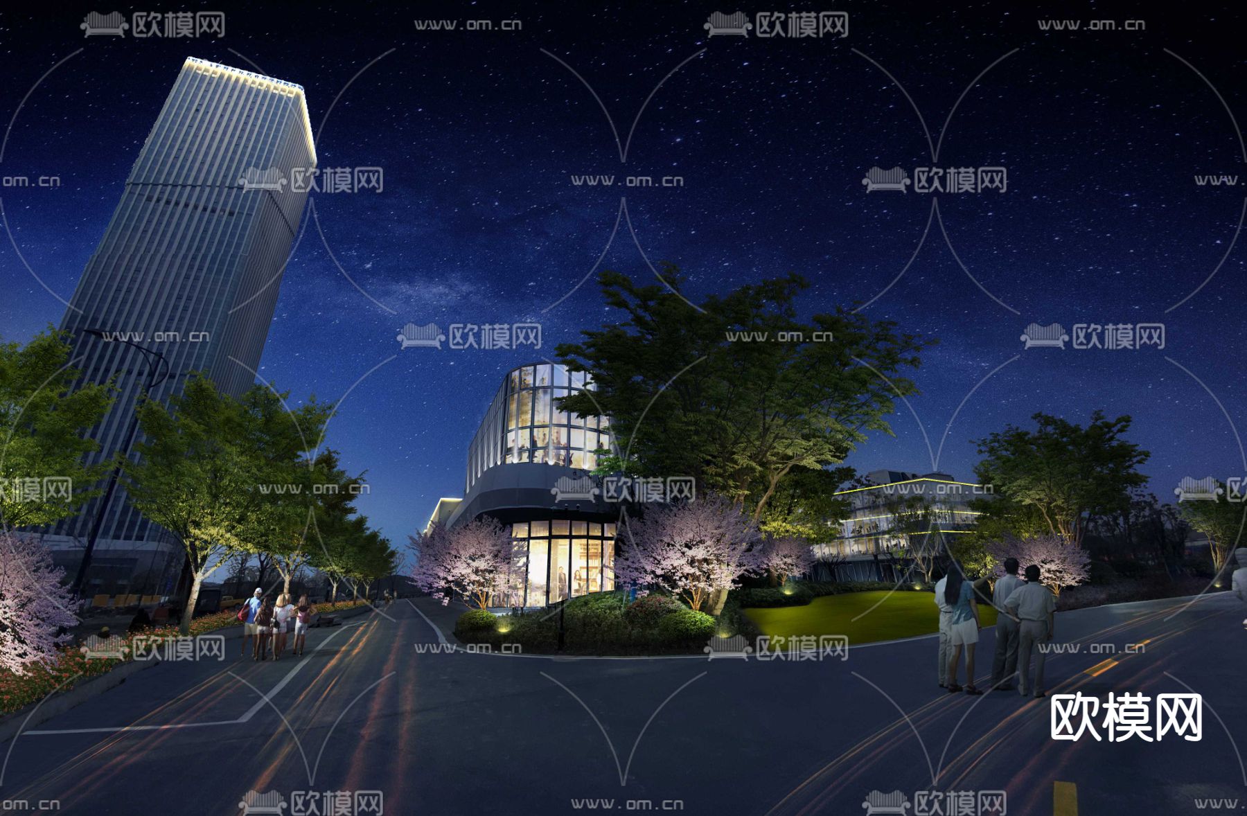 现代商业楼外观夜景psd下载_ID12311436_3dmax免费模型-欧模网