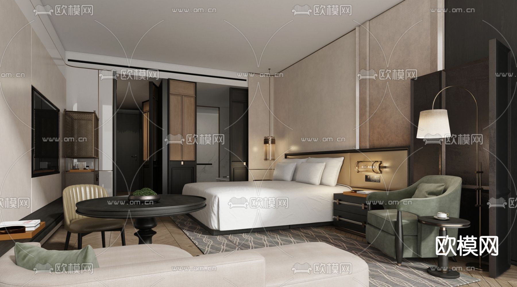 现代酒店客房su模型下载（渲染图1）