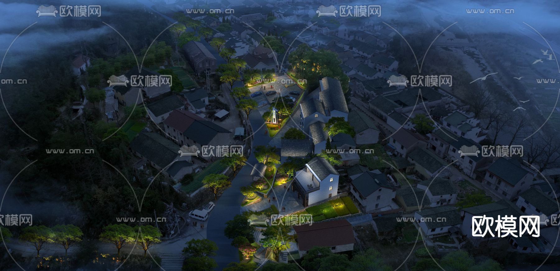 现代住宅楼鸟瞰夜景psd下载