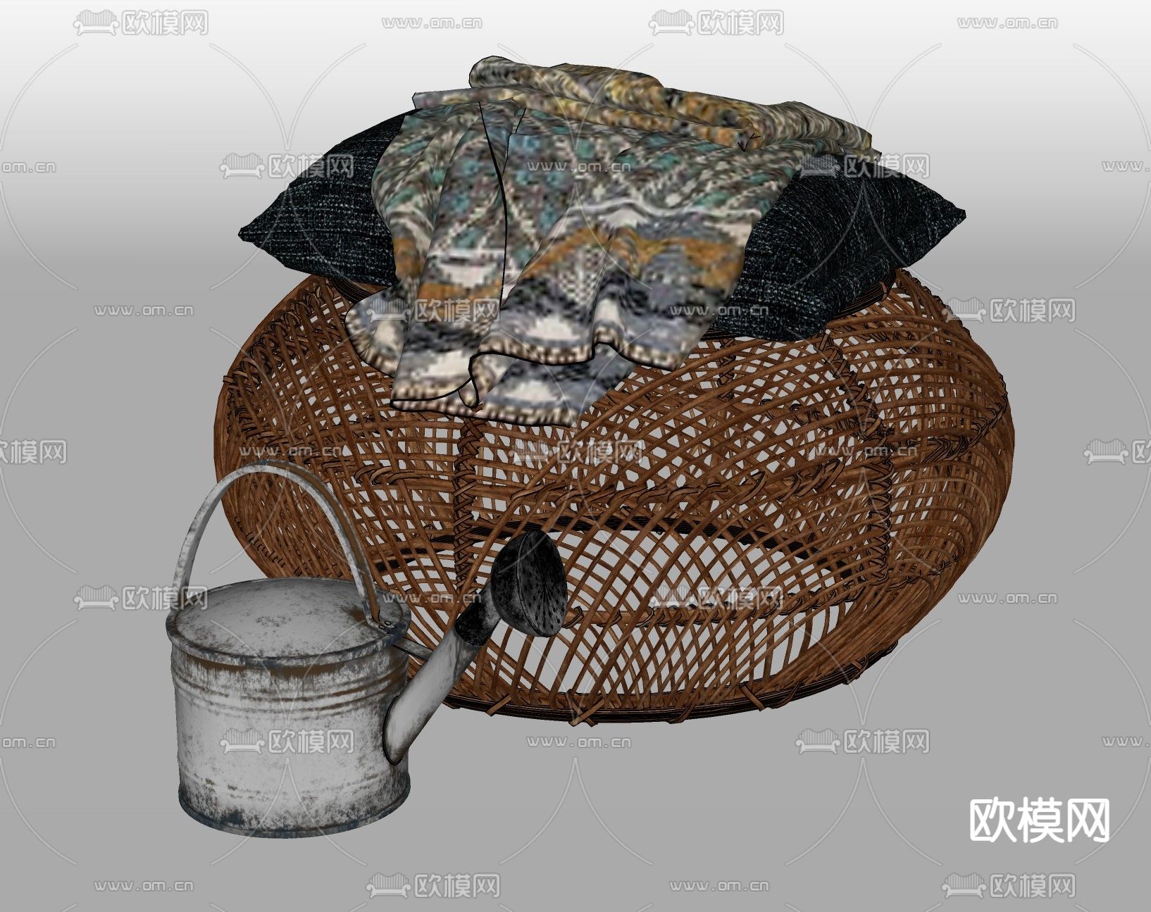 东南亚藤编茶几 抱枕 毯子su模型下载（渲染图2）