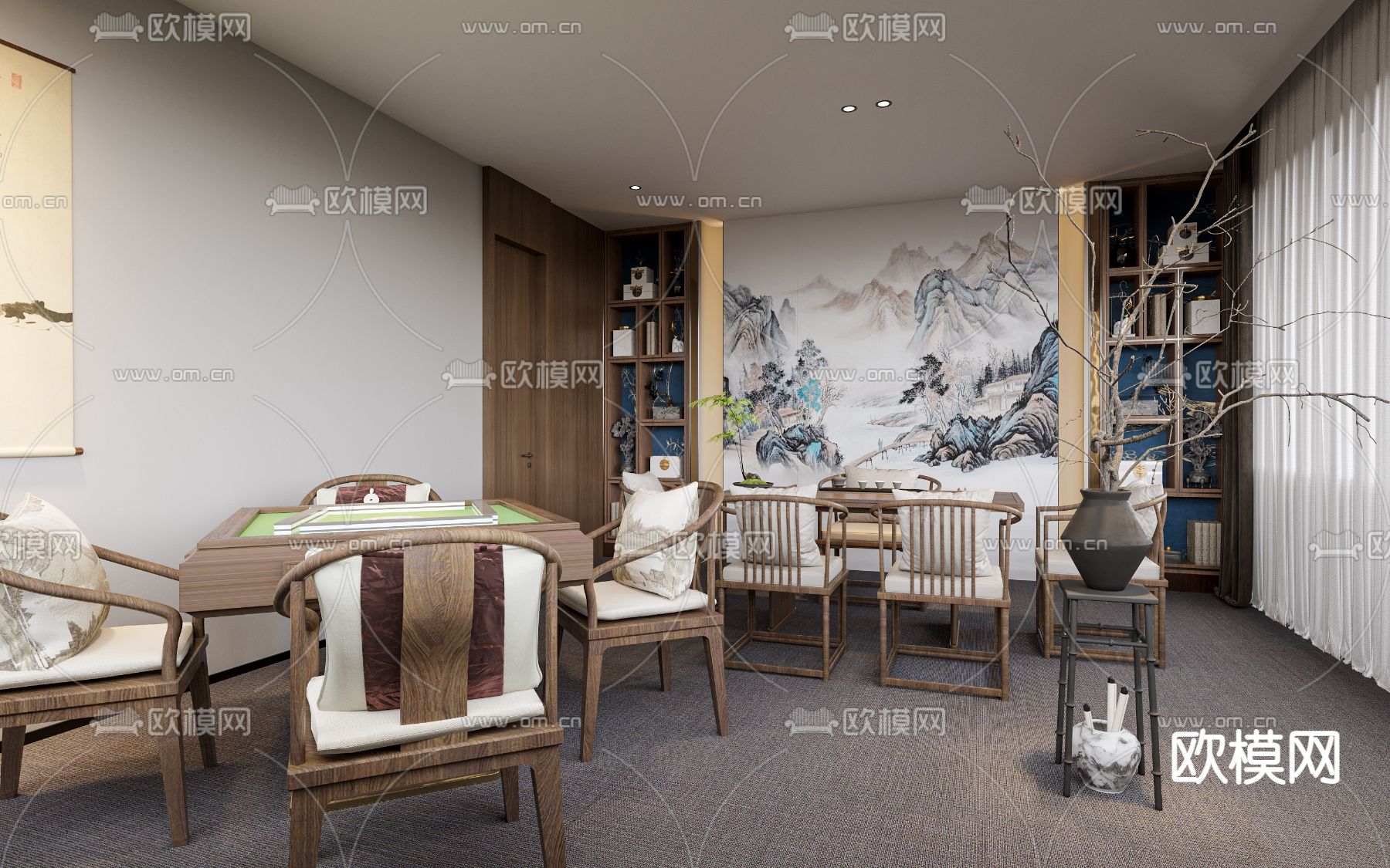 新中式棋牌室免费3d模型下载（渲染图2）