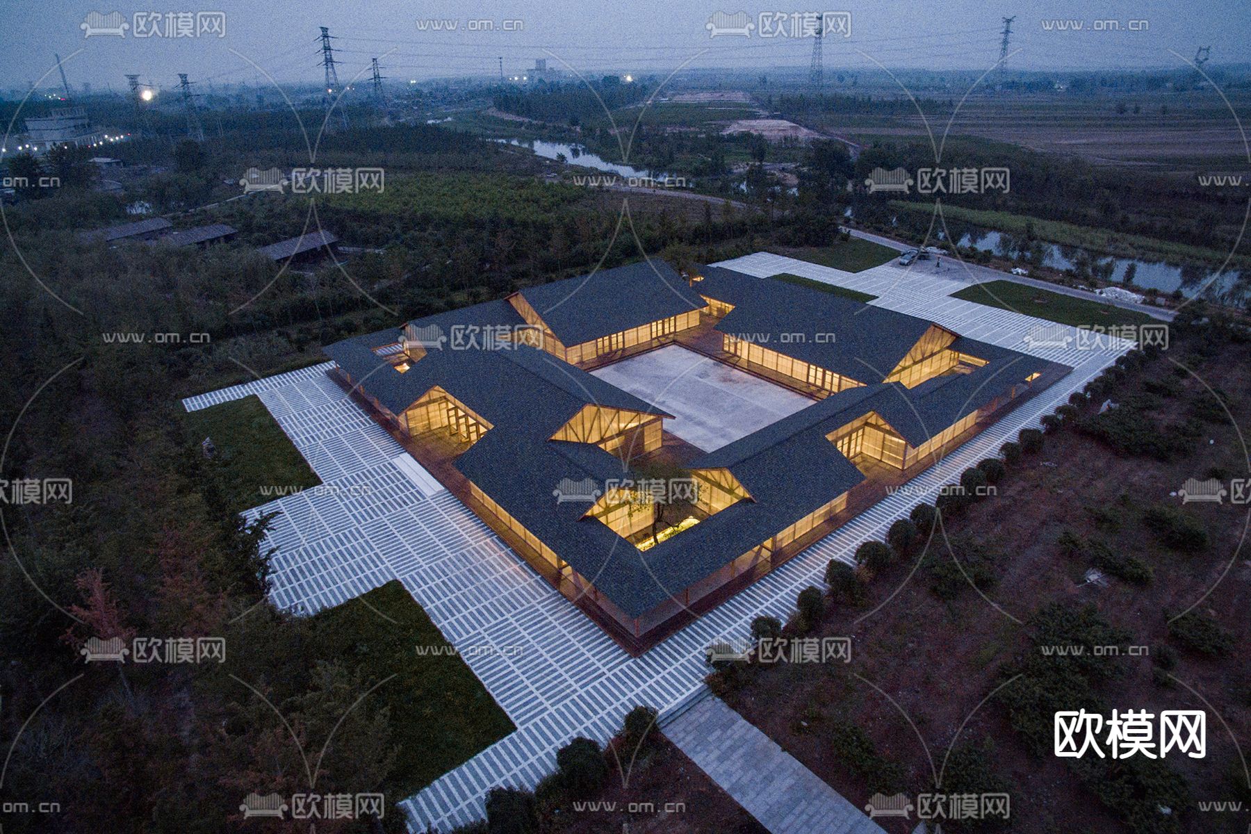 新中式四合院民俗馆鸟瞰su模型下载（渲染图3）