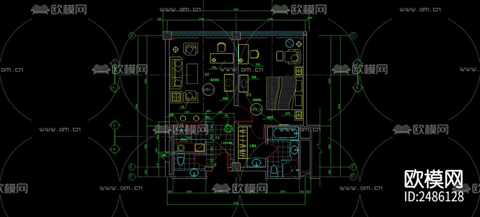 酒店客房平面CAD施工图下载(渲染图1)